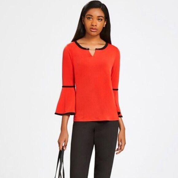 Calvin Klein Burnt Orange Notched Collar 3/4 Bell Sleeves Gold Hardware Top Sz L - Picture 1 of 7